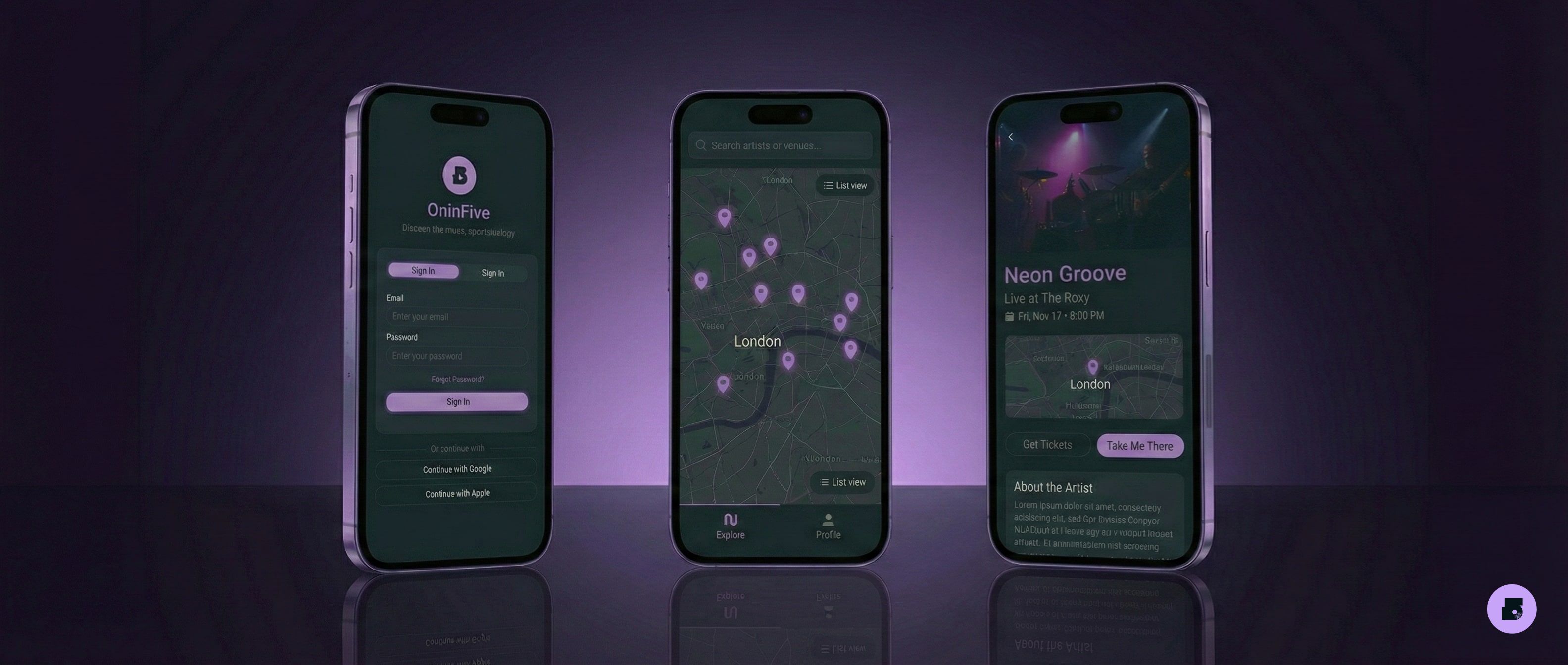 OninFive app screens showing login, interactive map with venue pins, and event details